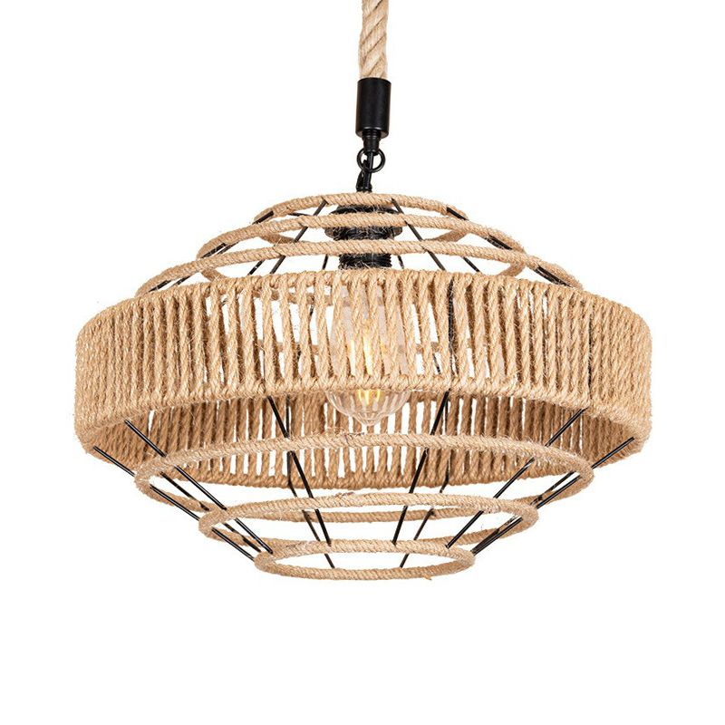 Farmhouse Gyro Shaped Drop Pendant 1-Light Natural Rope Hanging Light Fixture in Brown