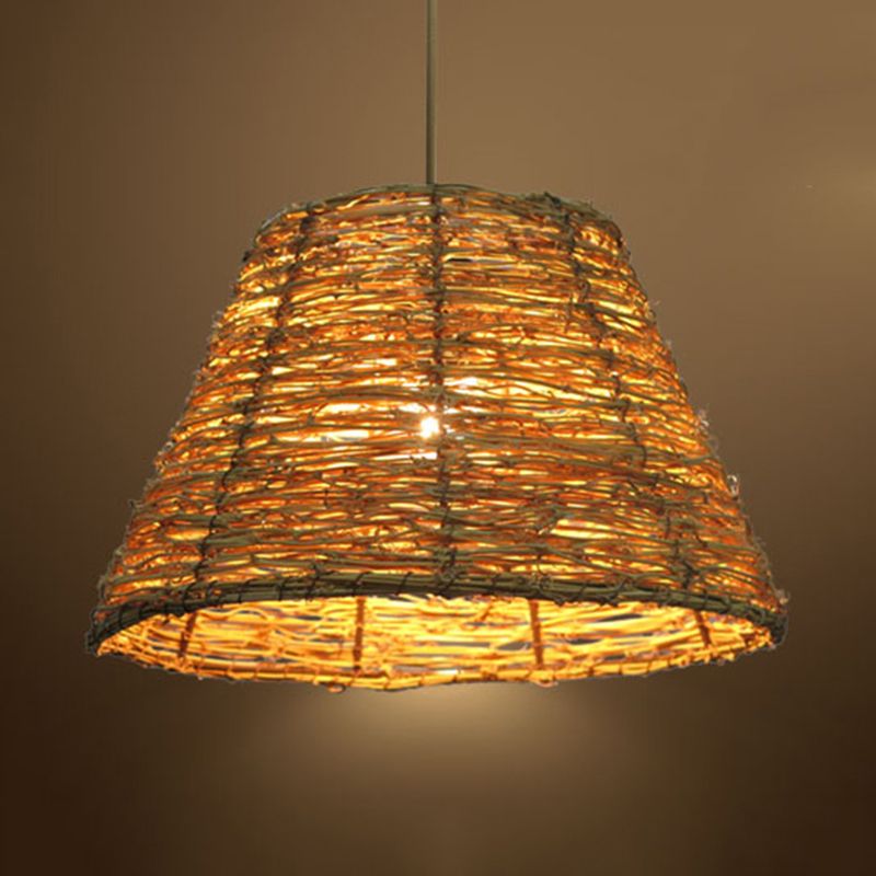 1 Bulb Restaurant Hanging Pendant Light with Conic Rattan Shade Asian Style Beige/Brown Ceiling Lighting