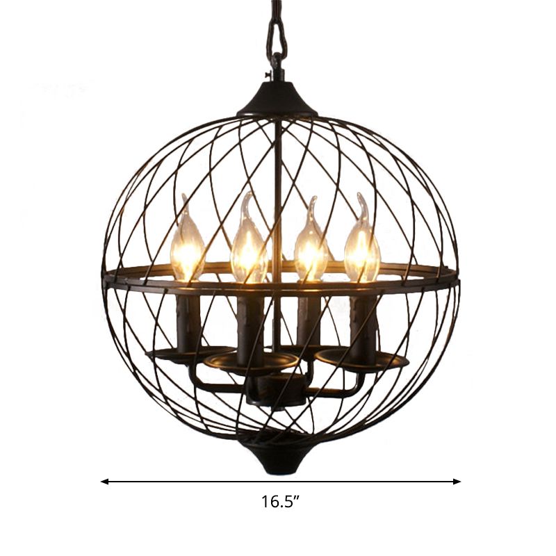 Iron Black Chandelier Lighting Global Mesh Shade 4 Bulbs Industrial Ceiling Light Fixture with Adjustable Chain for Dining Room