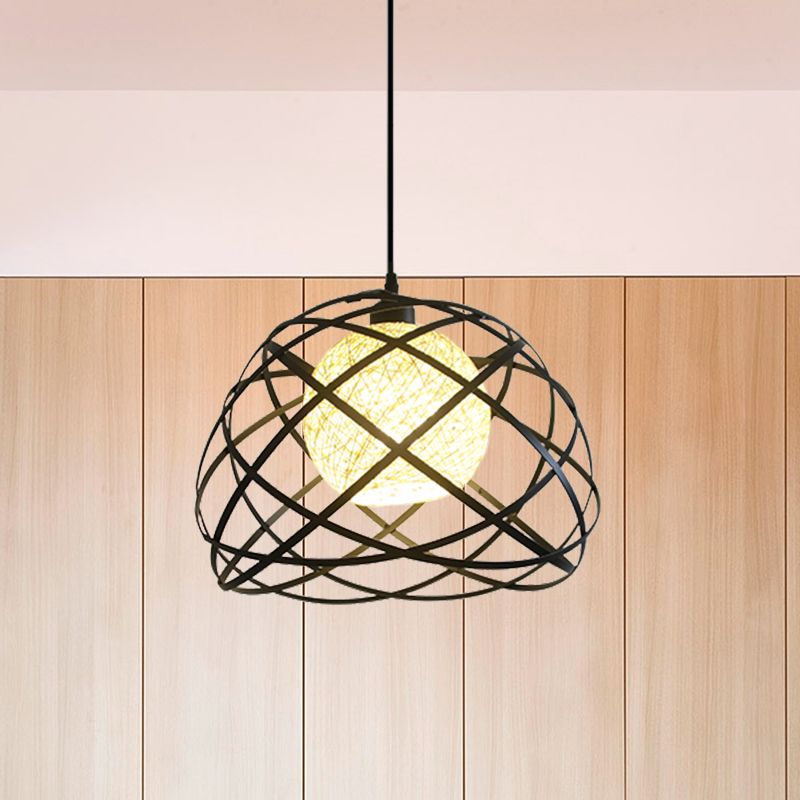 Wire Cage Metal Pendant Light Industrial 1 Light Dining Room Hanging Lamp with Dome Shade in Black