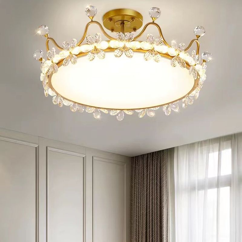 Gold LED Semi Flush Mount Chandelier Metal Ceiling Semi Flush with Crystal Accents