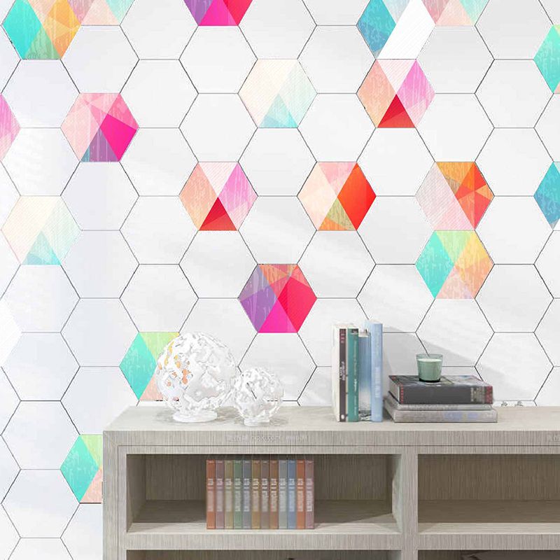 Geometric Honeycomb Peel Wallpaper Panels Contemporary PVC Wall Art in Red-Yellow-Blue