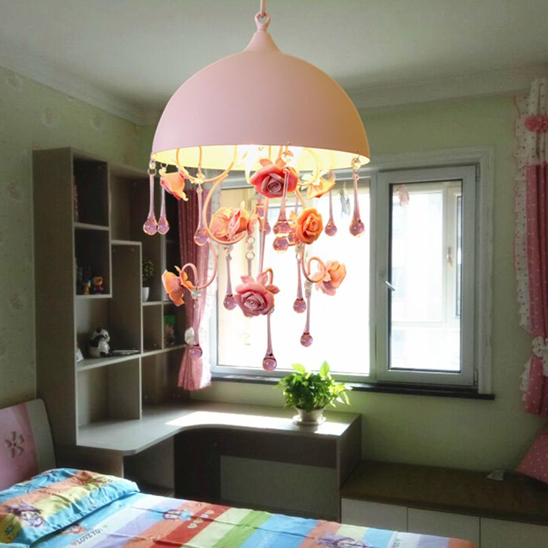 1 Light Dome Pendant Lamp Pastoral Pink Metal Rose Hanging Light Fixture for Living Room