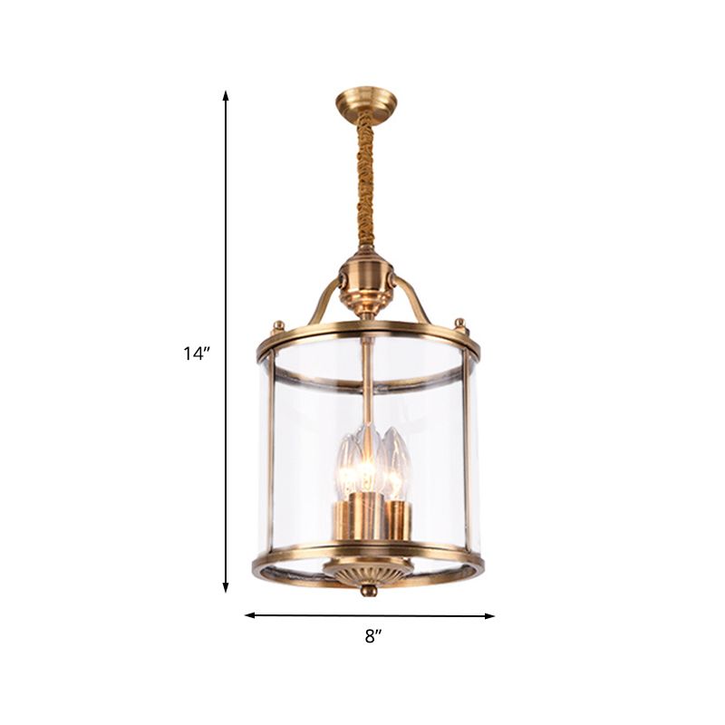 8"/18" Wide Cylindrical Chandelier Lighting Colonial Clear Glass Brass 3/7 Bulbs Hanging Ceiling Light