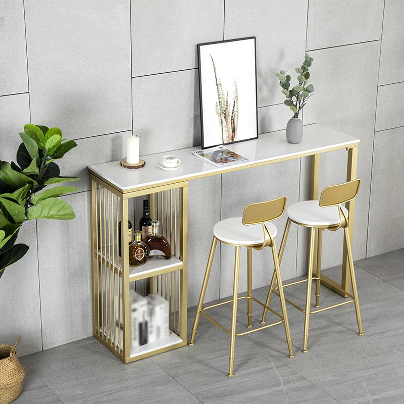 Glam Rectangle Bar Dining Table White Faux Marble Top Iron Indoor Bistro Table with Shelf