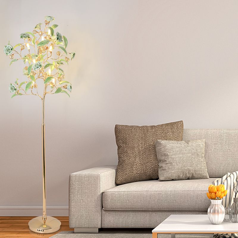 Korean Garden Rose Standing Light Ceramic LED Floor Lamp with Crystal Accents for Living Room