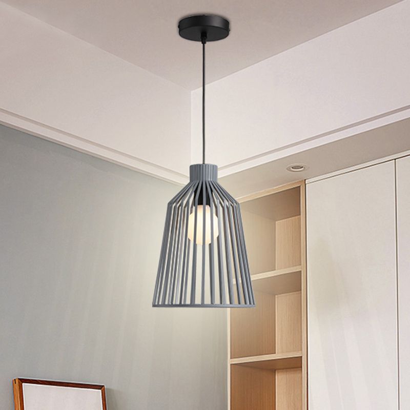 1-Light Pendant Lighting Fixture with Bell Wire Cage Metal Nordic Style Kitchen Island Hanging Lamp in Grey/White/Coffee