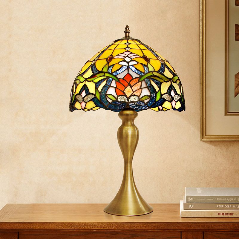 Brushed Brass 1 Head Nightstand Light Tiffany Floral Glass Bowl Shade Table Lamp