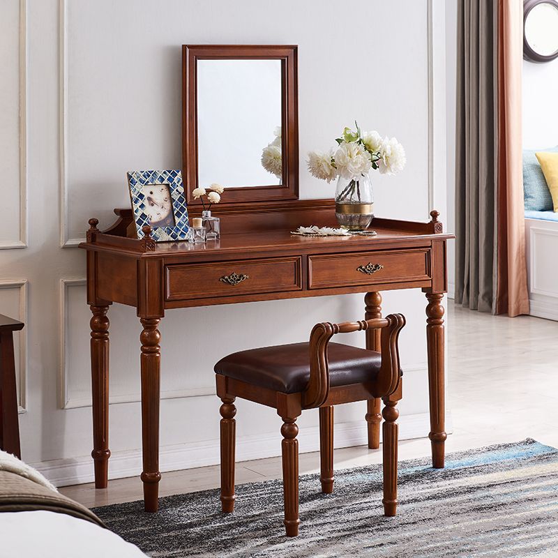 Traditional 2-Drawer Brown Solid Wood Dressing Table with Mirror Makeup Vanity Stool