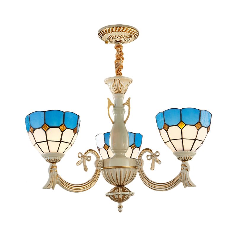 Baroque Bowl Ceiling Hanging Light with Curved Arm 3 Lights Stained Glass Chandelier in Blue