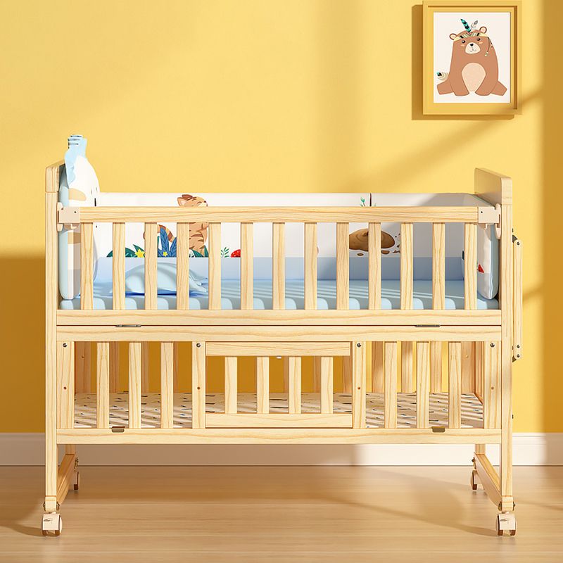 Wood Farmhouse Baby Crib Pine Light Wood Nursery Crib with Storage