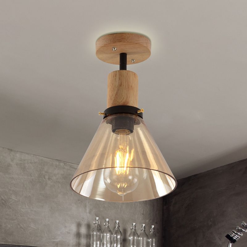 Single Bulb Semi Flush Mount Industrial Cone Amber Glass Ceiling Light in Wood for Foyer