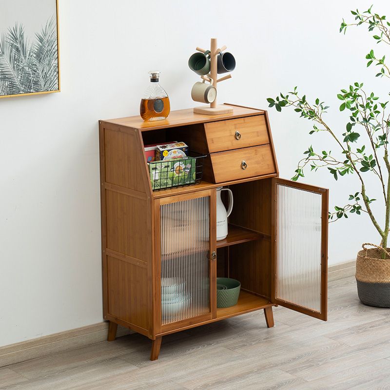 Contemporary Brown Bamboo Sideboard Cabinet Glass Buffet Table