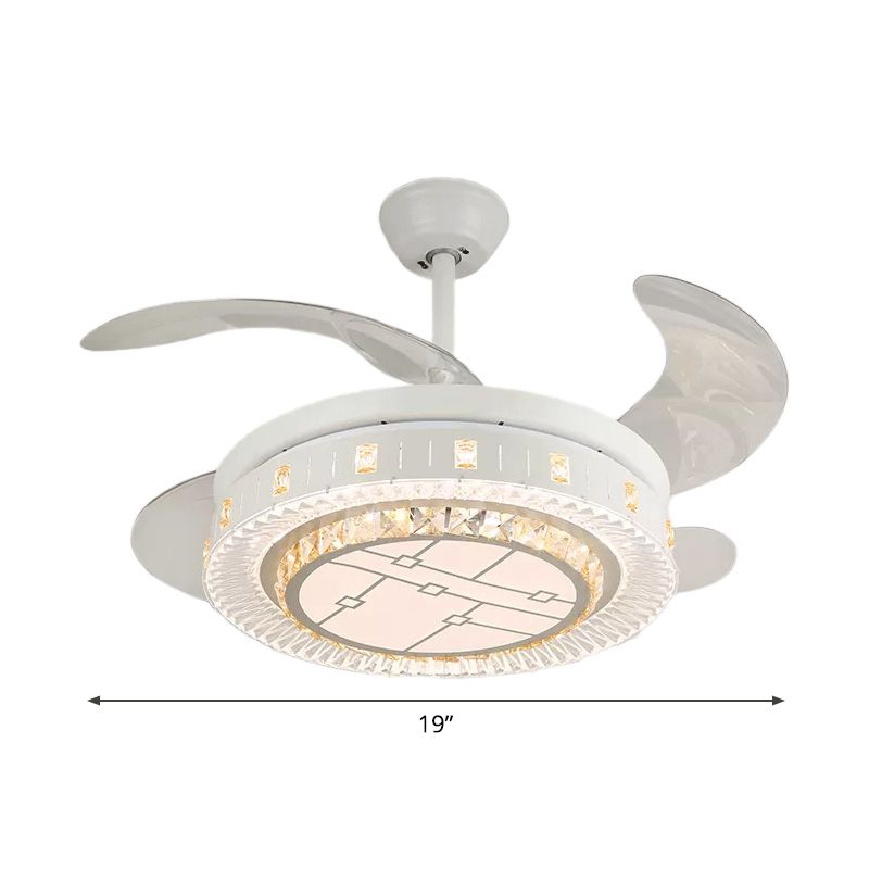 19" Wide White Layered Ceiling Fan Light Modernist LED Crystal Semi Flush Mount, 4 Blades