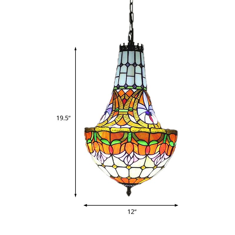 12"/16" Wide Flower Chandelier 3/5 Lights Stained Glass Tiffany Pendant Lighting Fixture in Antique Bronze