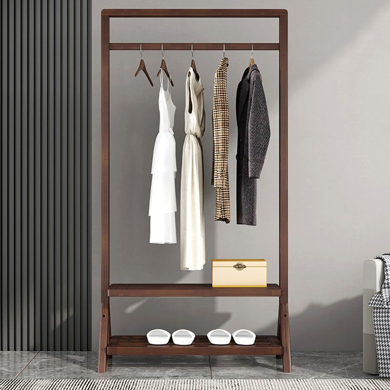 Contemporary Style Coat Hanger Solid Wood Double Shelves Coat Rack for Living Room