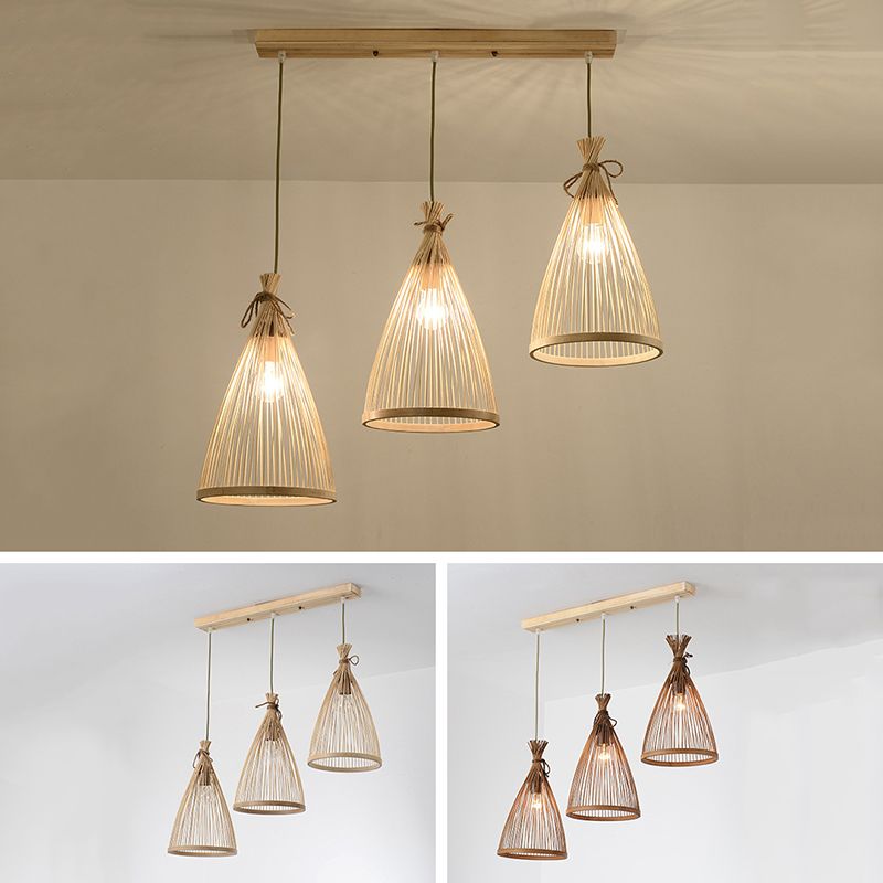 Chinese Conical Pendant Lighting Fixtures Rattan Hanging Light with Hanging Cord for Restaurant