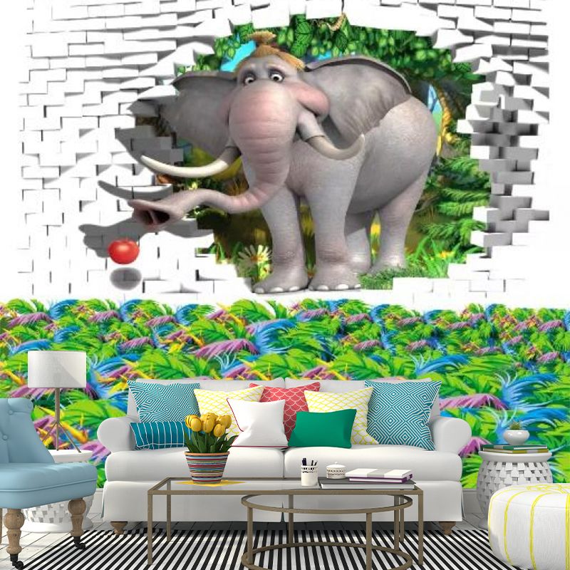 Customized Illustration Cartoon Mural with Elephant in the Brick Hole Pattern in Grey and Green