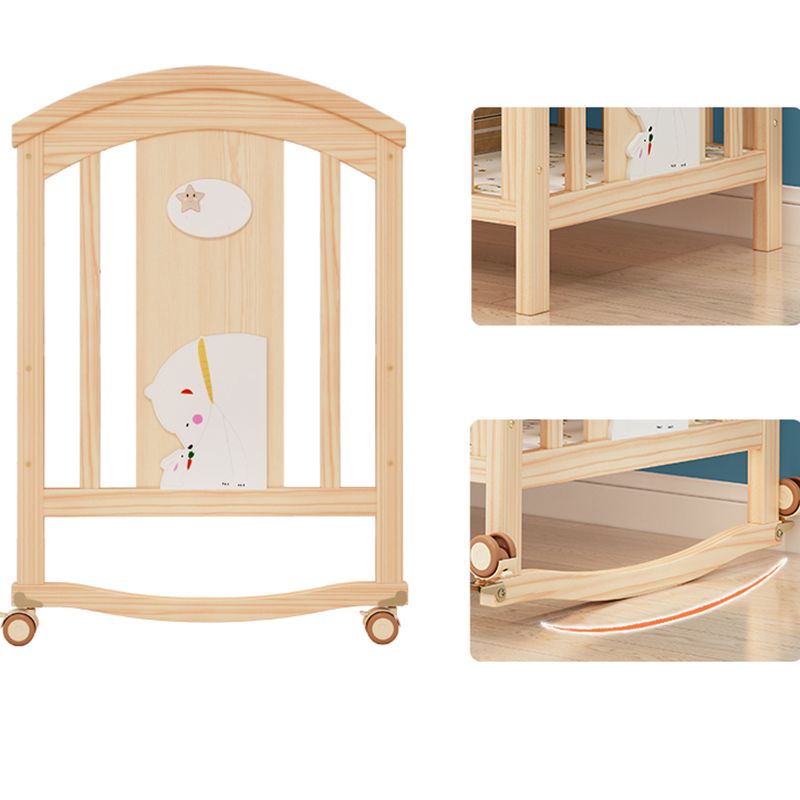 Solid Wood Convertible Baby Crib Natural Wood Crib with Casters and Storage