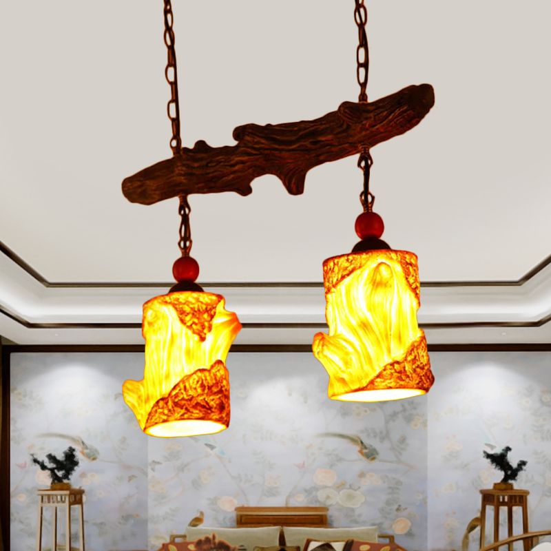 2-Light Resin Ceiling Chandelier Warehouse Yellow Cylinder Living Room Suspension Pendant with Linear Beam