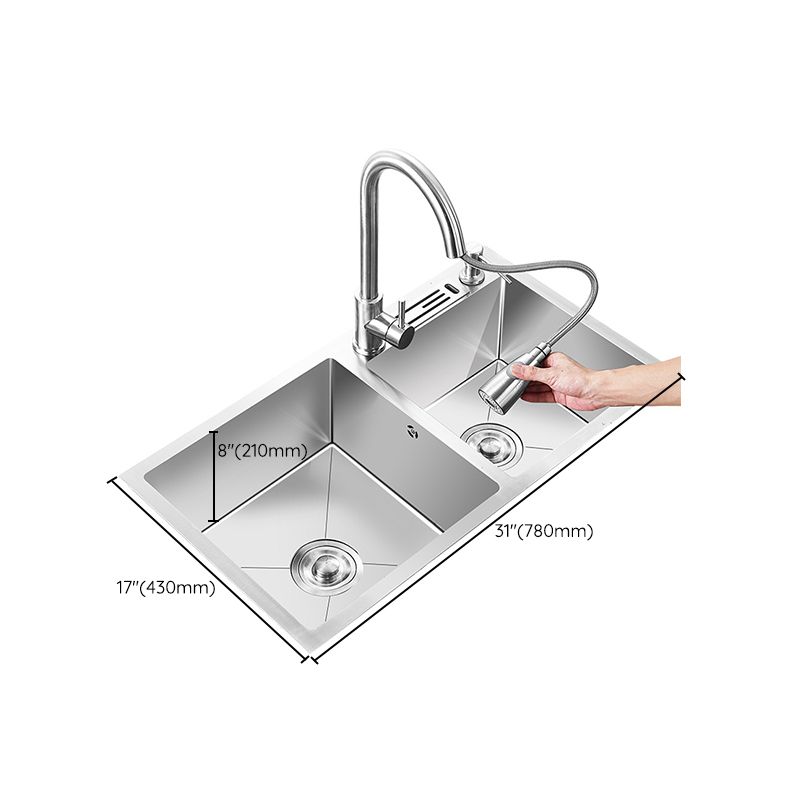 Double Basin Kitchen Sink with Basket Strainer 2 Holes Contemporary Sink