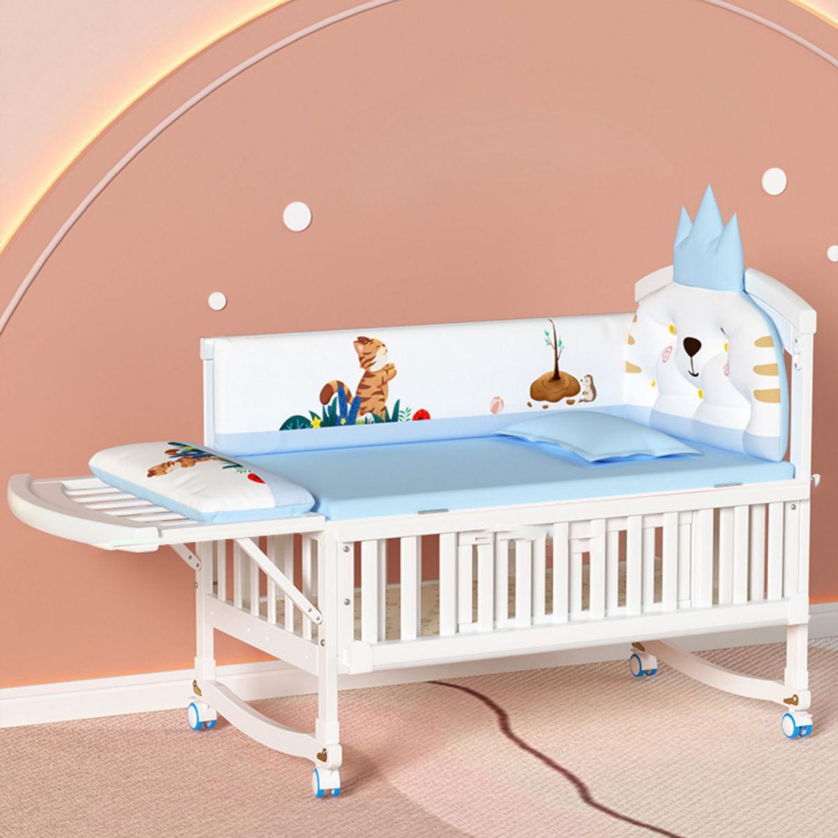 Modern Baby Crib with Guardrail and Casters Wood White Nursery Bed