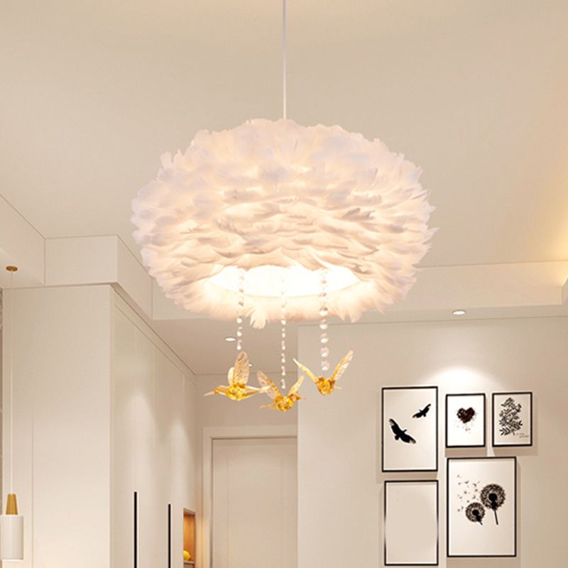 Goose Feather Drum Pendant Light Nordic 5-Light White Chandelier with Bird Deco, 16"/23.5"/31.5" Width