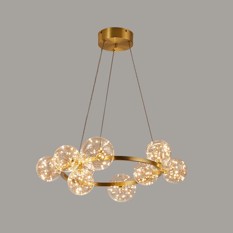 Living Room LED Chandelier Lamp Minimal Gold Pendant Lighting with Orb Clear Glass Shade