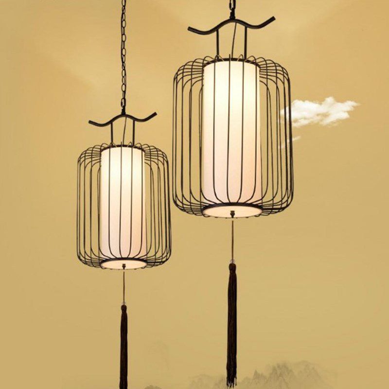 Vertical Cage Shade Pendant Lighting New Chinese Style Retro 1 Light Restaurant Hanging Lamp