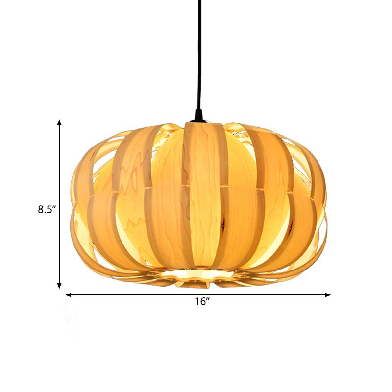 Strap Pumpkin Parlor Hanging Light Kit Wooden 2 Lights Asian Suspension Pendant in Beige