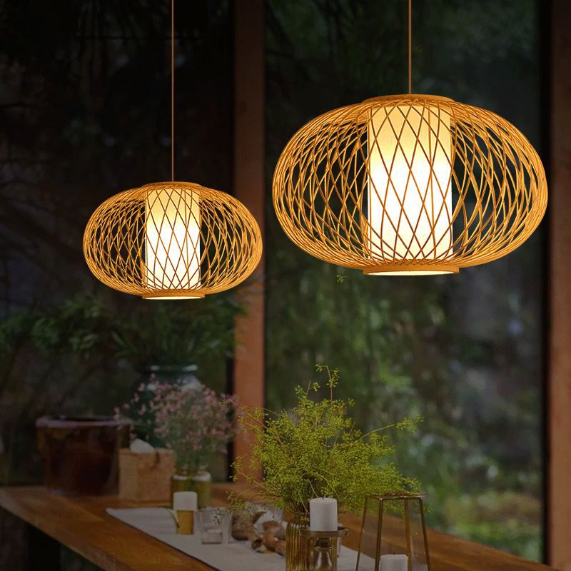 Chinese Style Bamboo Pendant Light Geometric Hanging Pendant for Restaurant