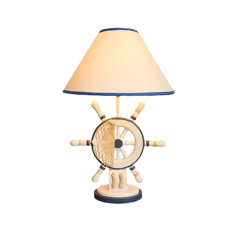 Resin Rudder Base Desk Lamp Children Single Bulb Blue Night Light with Cone White Fabric Shade