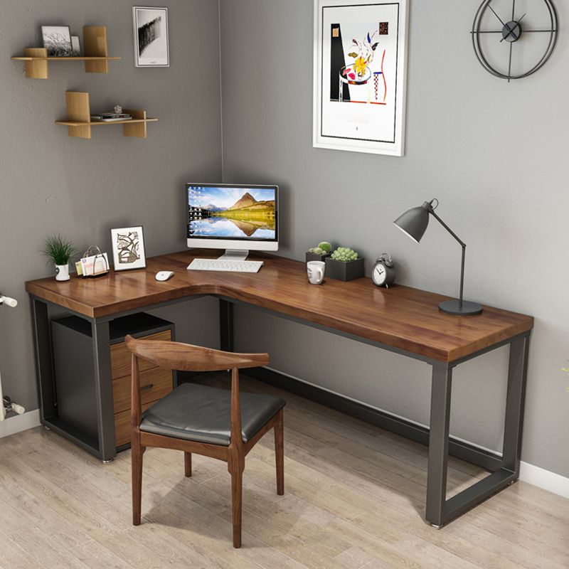 Industrial Solid Wood Writing Desk L-Shape Trestle Base Office Desk