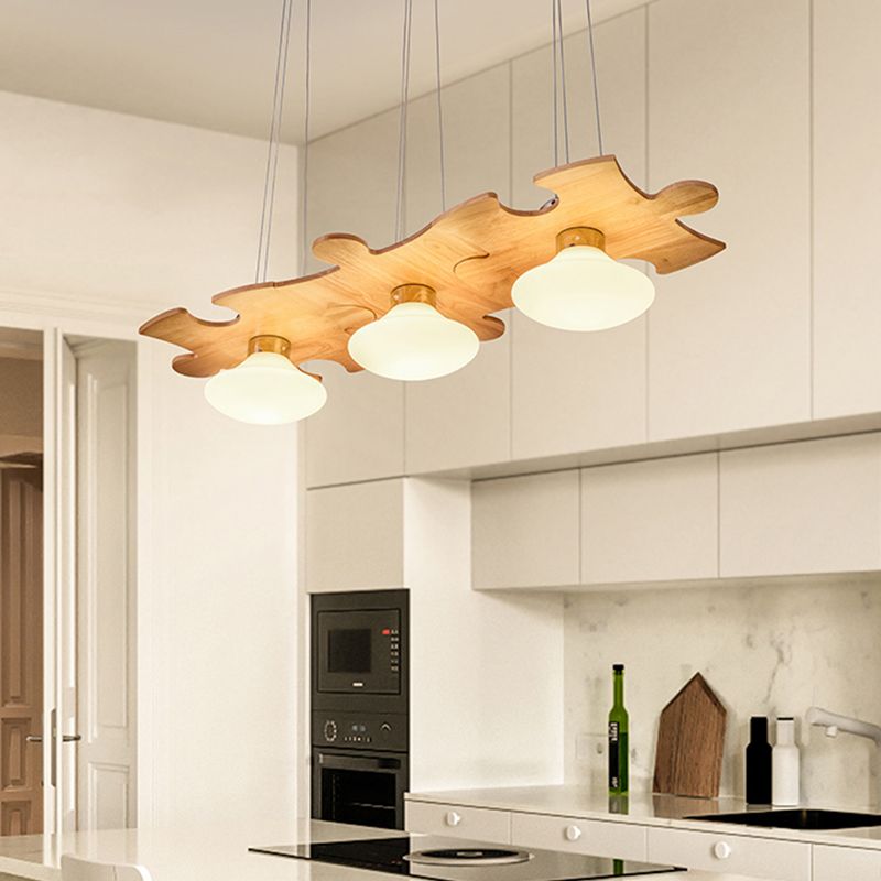 Cream Glassfish Multi Light Multi Light Modernista Lampada a sospensione a 3 luci con raggio di legno puzzle puzzle