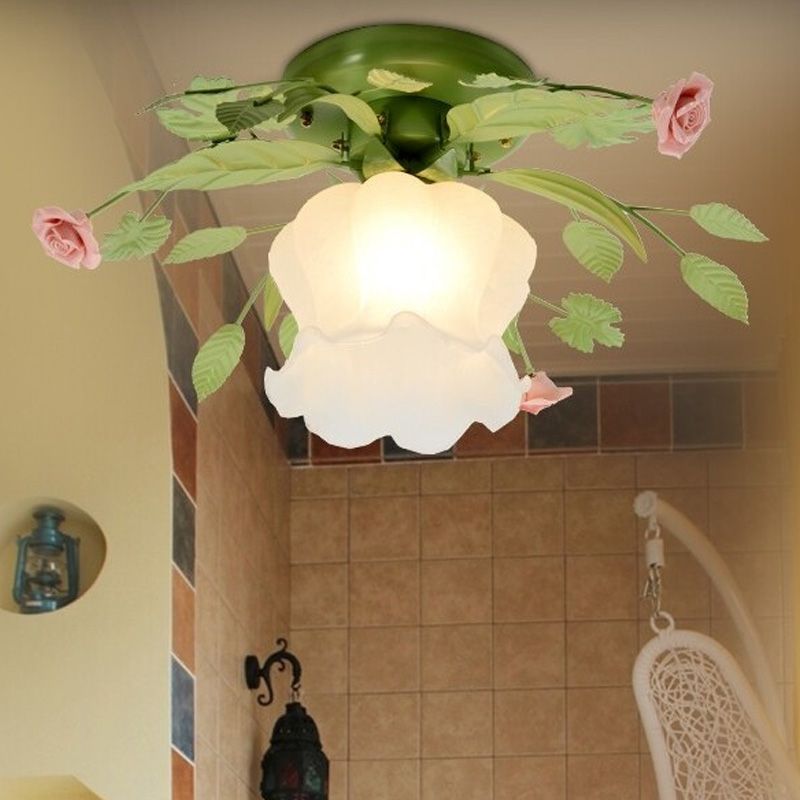 Green Floral Ceiling Light Fixture Romantic Pastoral Metal 1/3/5 Heads Living Room Flush Mount Lamp