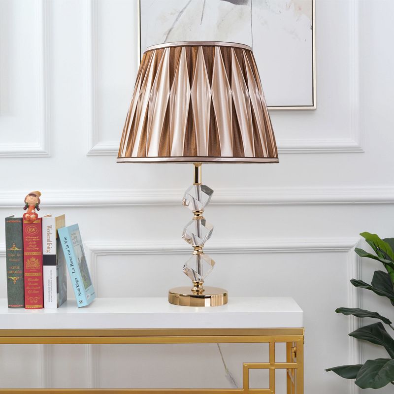 1 Light Pleated Shade Nightstand Light Minimal Brown Fabric Night Lamp with Crystal Block Design