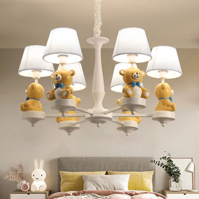 Yellow Bear Toy Chandelier Cartoon Resin Suspension Light with Tapered Gathered Fabric Shade