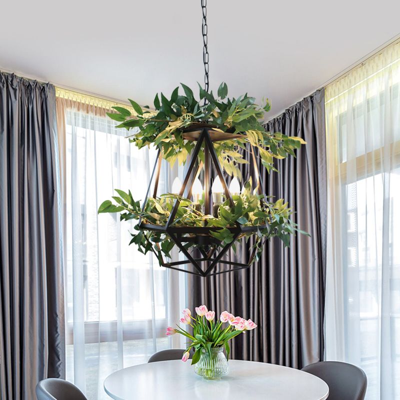 4-Bulb Metal Chandelier Pendant Light Antiqued Style Black Prism Cage Dining Room Suspension Lamp with Plant Deco