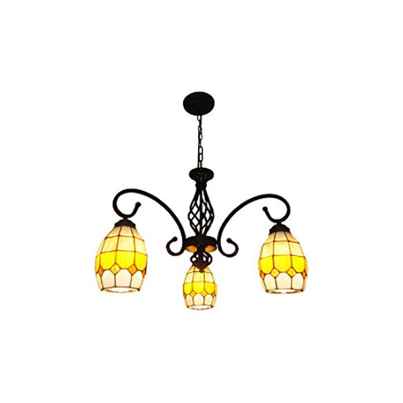 Lampadino ovale in vetro colorato 3 luci lampada a sospensione Tiffany in marrone per soggiorno