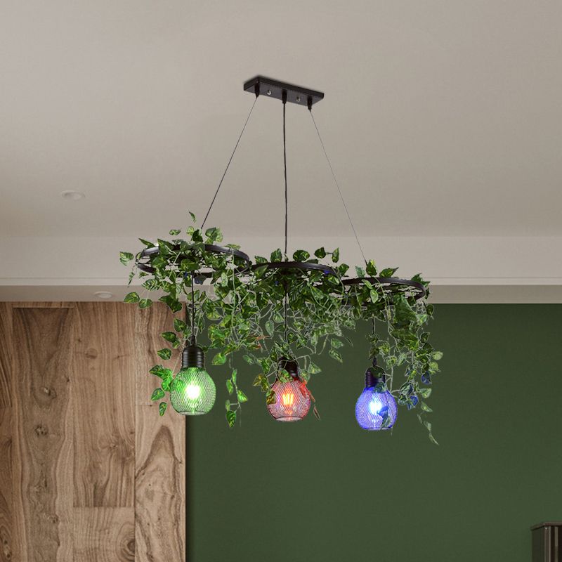 Zwart 3-head cluster Pendant licht Loft Iron Wiel en Globe Cage Down Lighting met groene kunst wijnstok, ronde/lineaire luifel