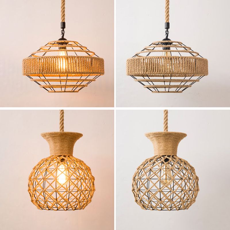 1-Bulb Pendant Lamp Countryside Cage Rope Suspension Light Fixture in Beige