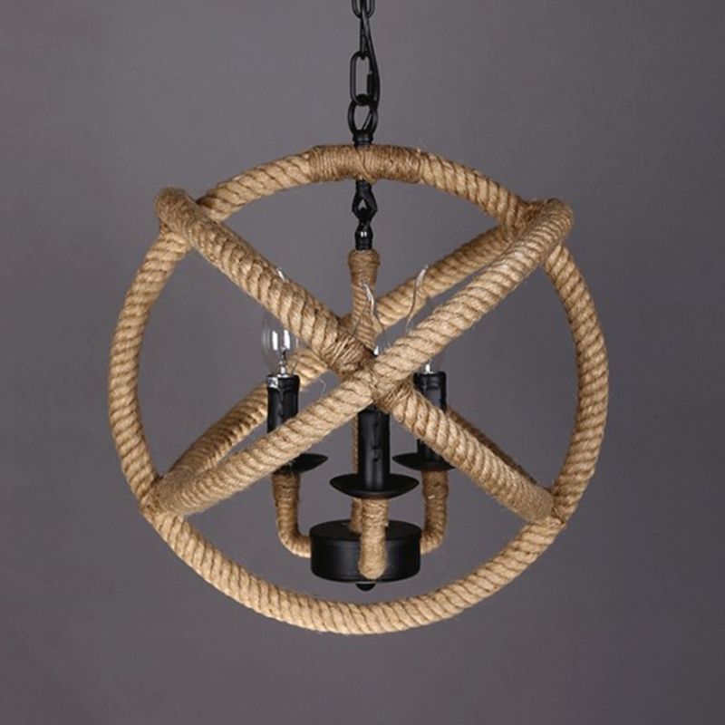 Factory Globe Chandelier Lamp 3 Heads Hemp Rope Pendant Lighting Fixture in Beige