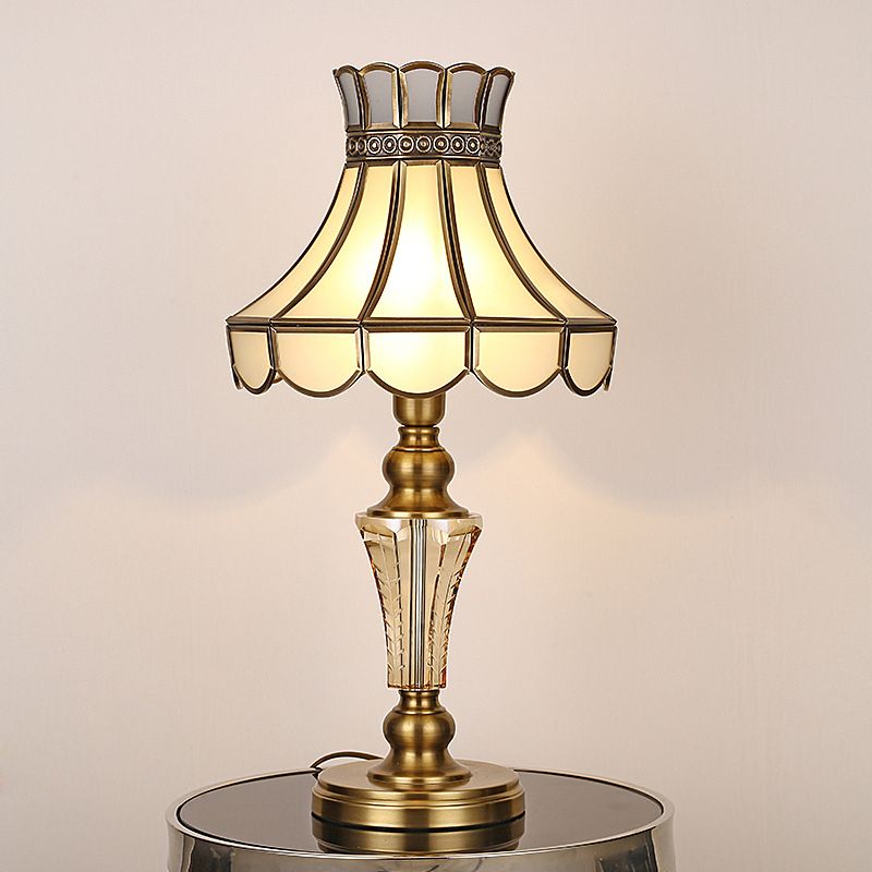 1 Bulb Scalloped Night Table Lamp Traditional Gold Finish Beige Glass Nightstand Lighting with Crystal Accent