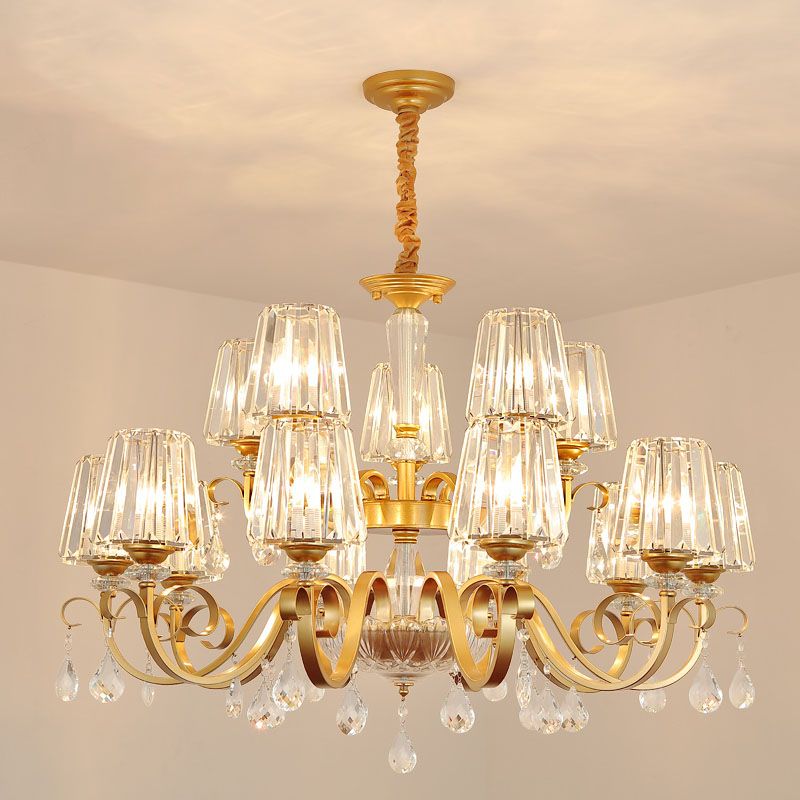 Tapered Beveled Crystal Hanging Light Kit Simplicity Gold Ceiling Chandelier with Scrolled Arm