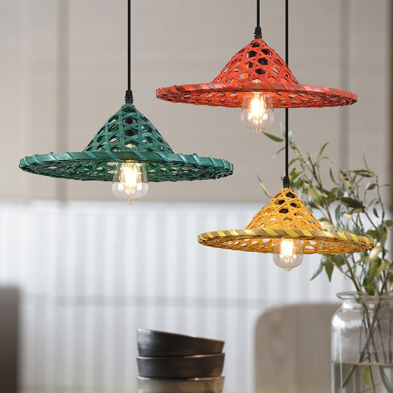 Multicolored Coolie Hat Suspension Light South-east Asia 1-Light Bamboo Pendant Light