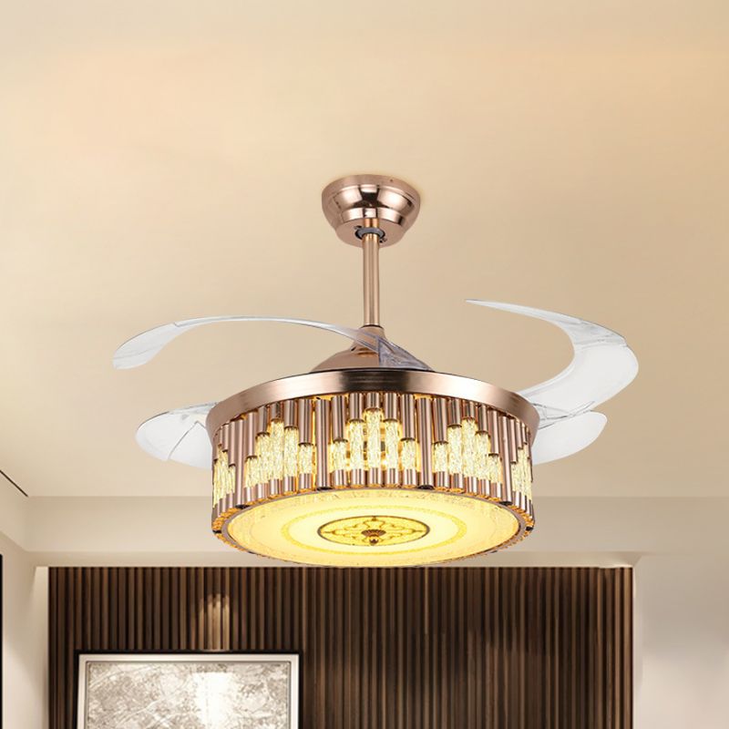 19" W Drum Parlor Pendant Fan Light Faceted Crystal LED Modernism Semi Flush Lighting in Gold, 4-Blade