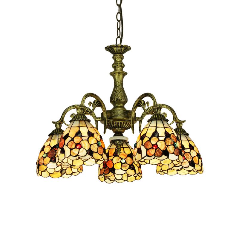 9/11 Lights Bedroom Ceiling Chandelier Tiffany Beige Flower Patterned Suspension Lamp with Bowl Shell Shade