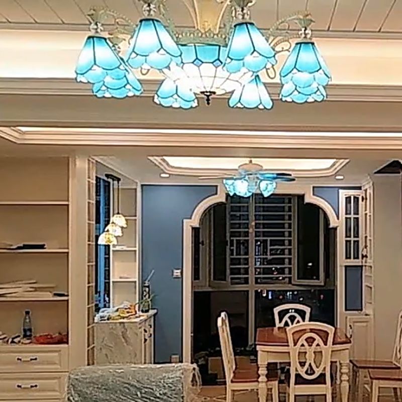 Blue Glass Scalloped Chandelier Mediterranean Dining Room Ceiling Suspension Lamp