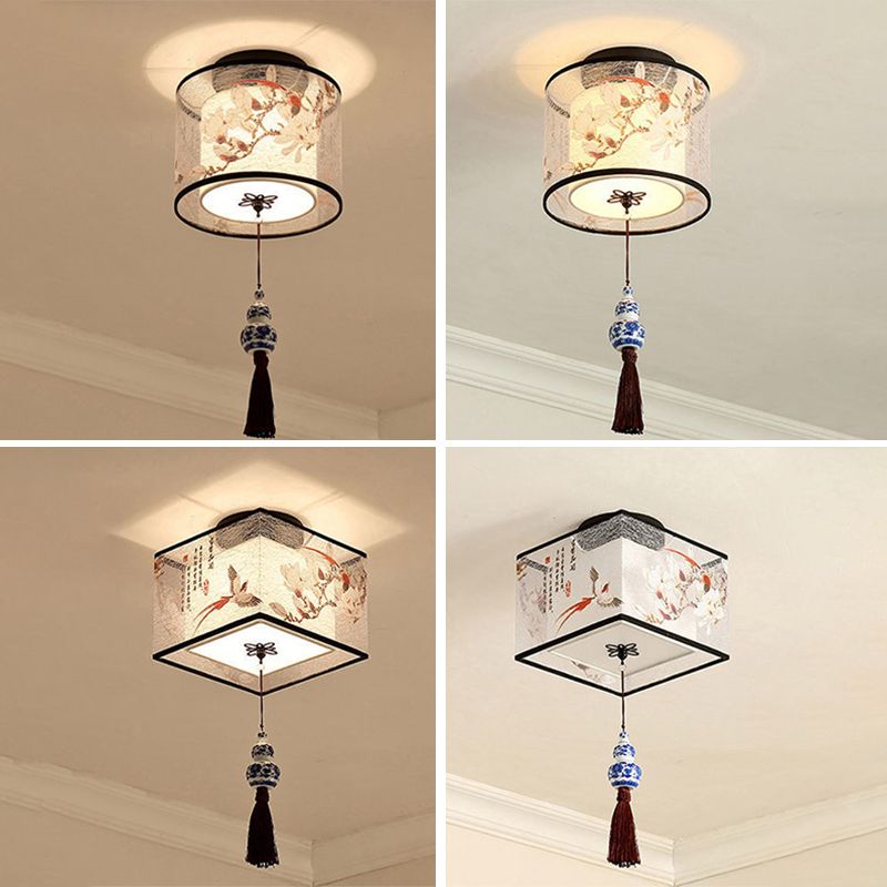 Mont semi-chassé à LED géométrique en fer forgé dans les tissus de style concis traditionnel Light Plafond pour salle à manger