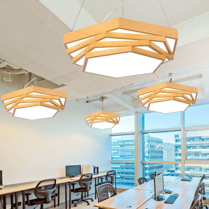 Spiral Hexagon Office Chandelier Acrylic Modern LED Suspension Lighting in Light Wood